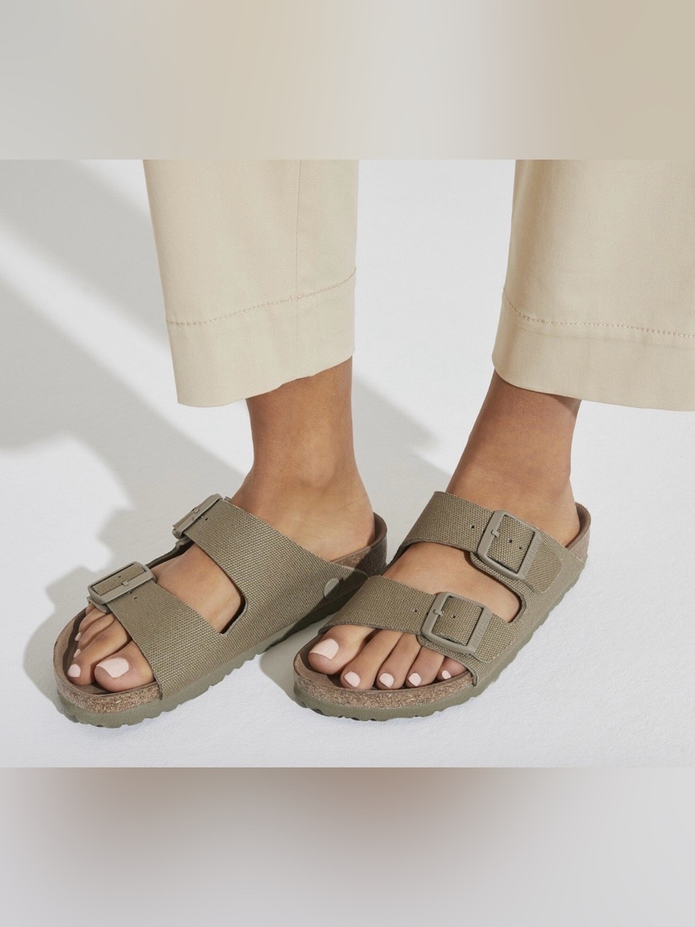 Birkenstock 💅🌴 Faded Khaki Arizona Textile Canvas Vegan Sandals Size 8 8.5 39 - Picture 1 of 12